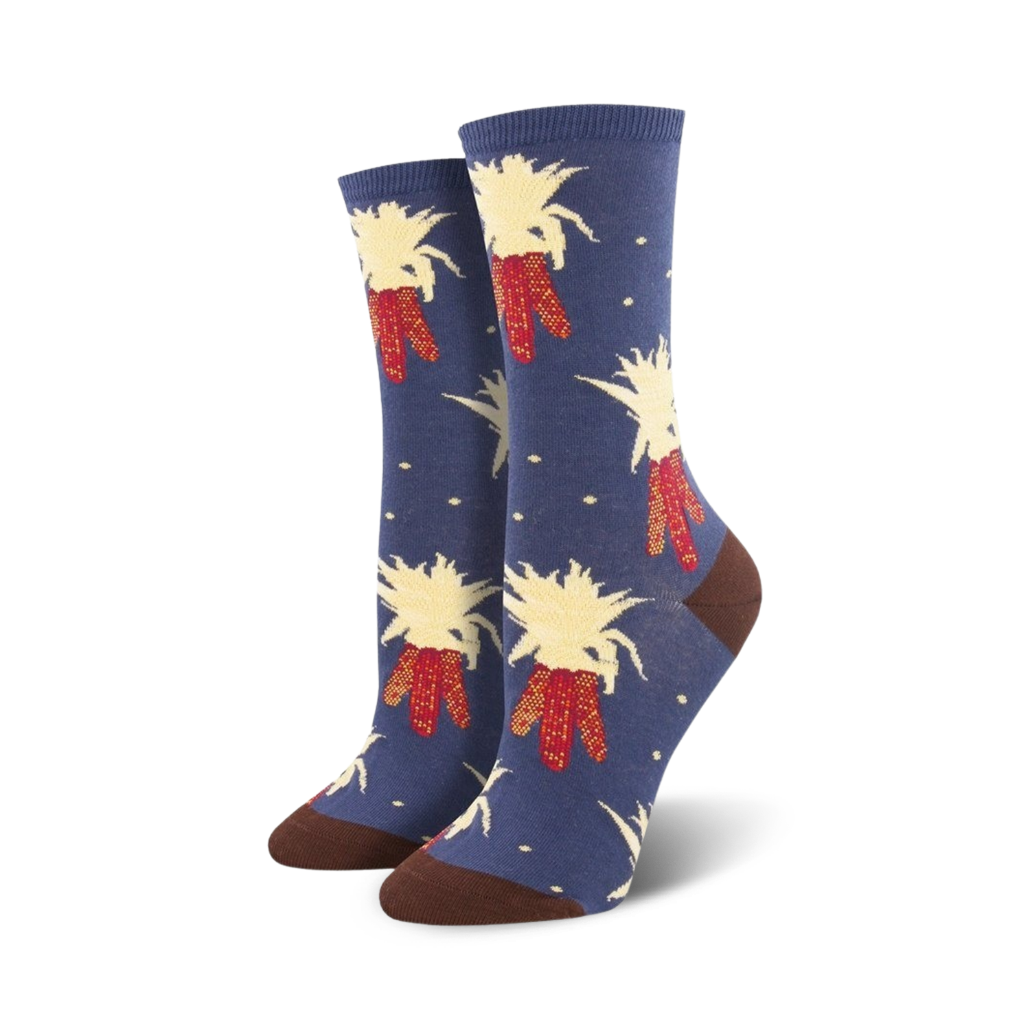 Lifestyle shot showing the navy blue Harvest Corn socks on a model's feet.