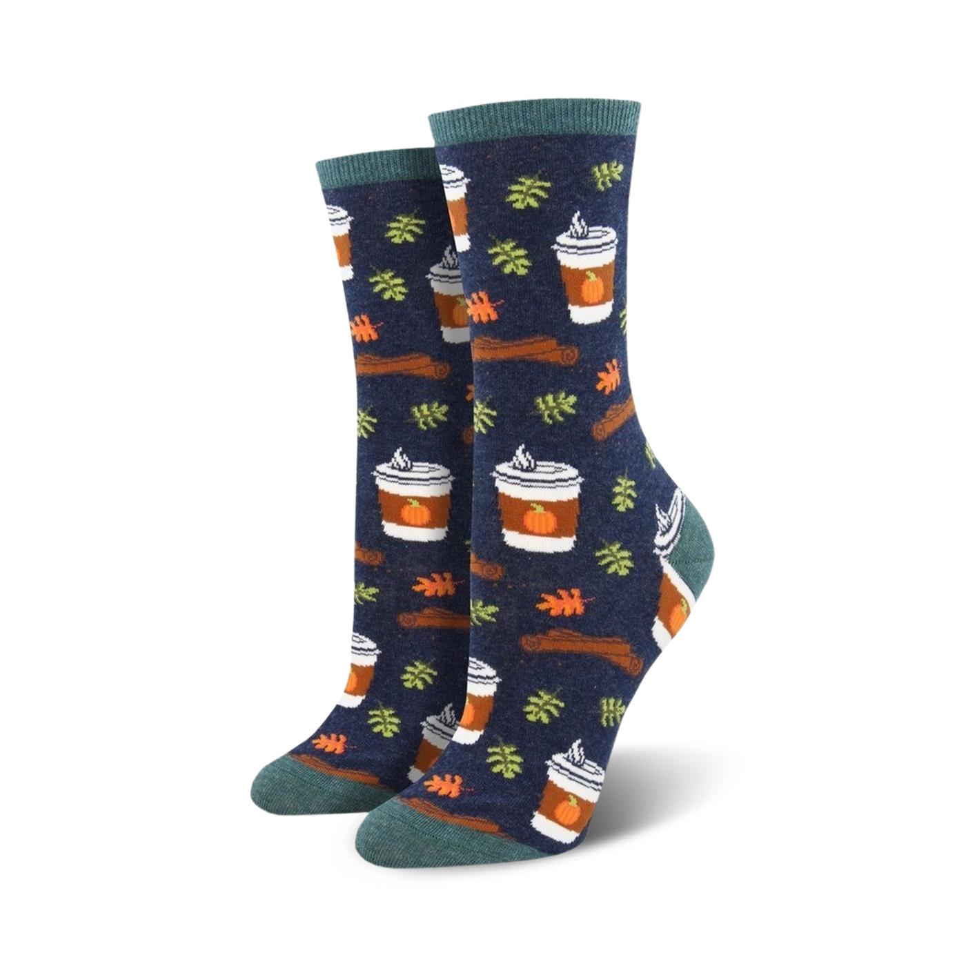 Crew socks in navy blue with a pattern of pumpkin spice lattes, cinnamon sticks, and autumn leaves. Teal-colored cuffs.