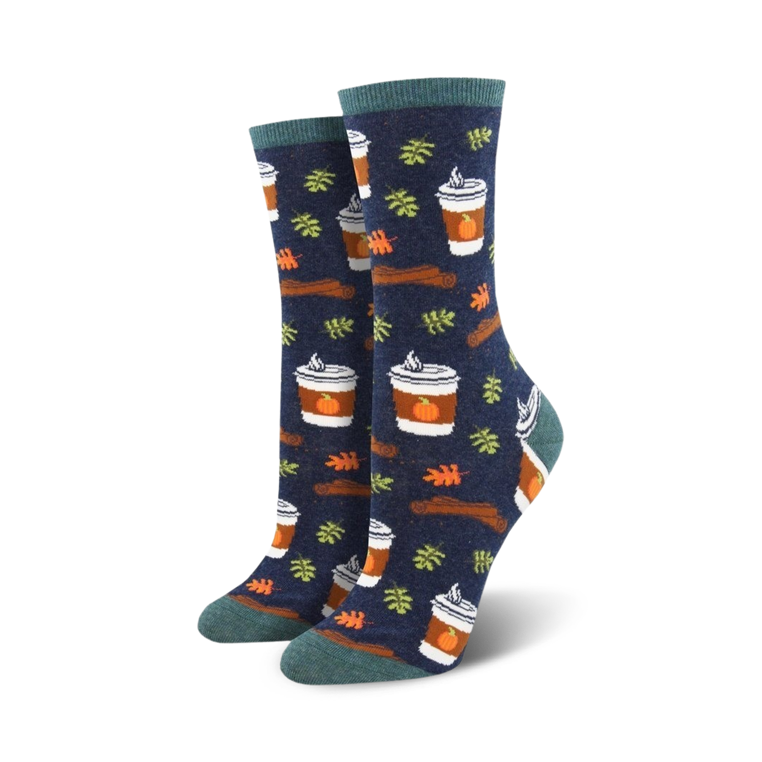 Crew socks in navy blue with a pattern of pumpkin spice lattes, cinnamon sticks, and autumn leaves. Teal-colored cuffs.