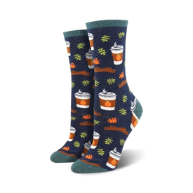  pumpkin-themed crew socks with a pattern of pumpkins, leaves, sticks, whipped cream, and cinnamon.  