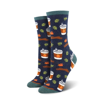  pumpkin-themed crew socks with a pattern of pumpkins, leaves, sticks, whipped cream, and cinnamon.  