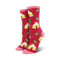 Pair of crew socks; red and pink or grey and black; features pixelated beer mugs and hops.