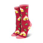 Pair of crew socks; red and pink or grey and black; features pixelated beer mugs and hops.