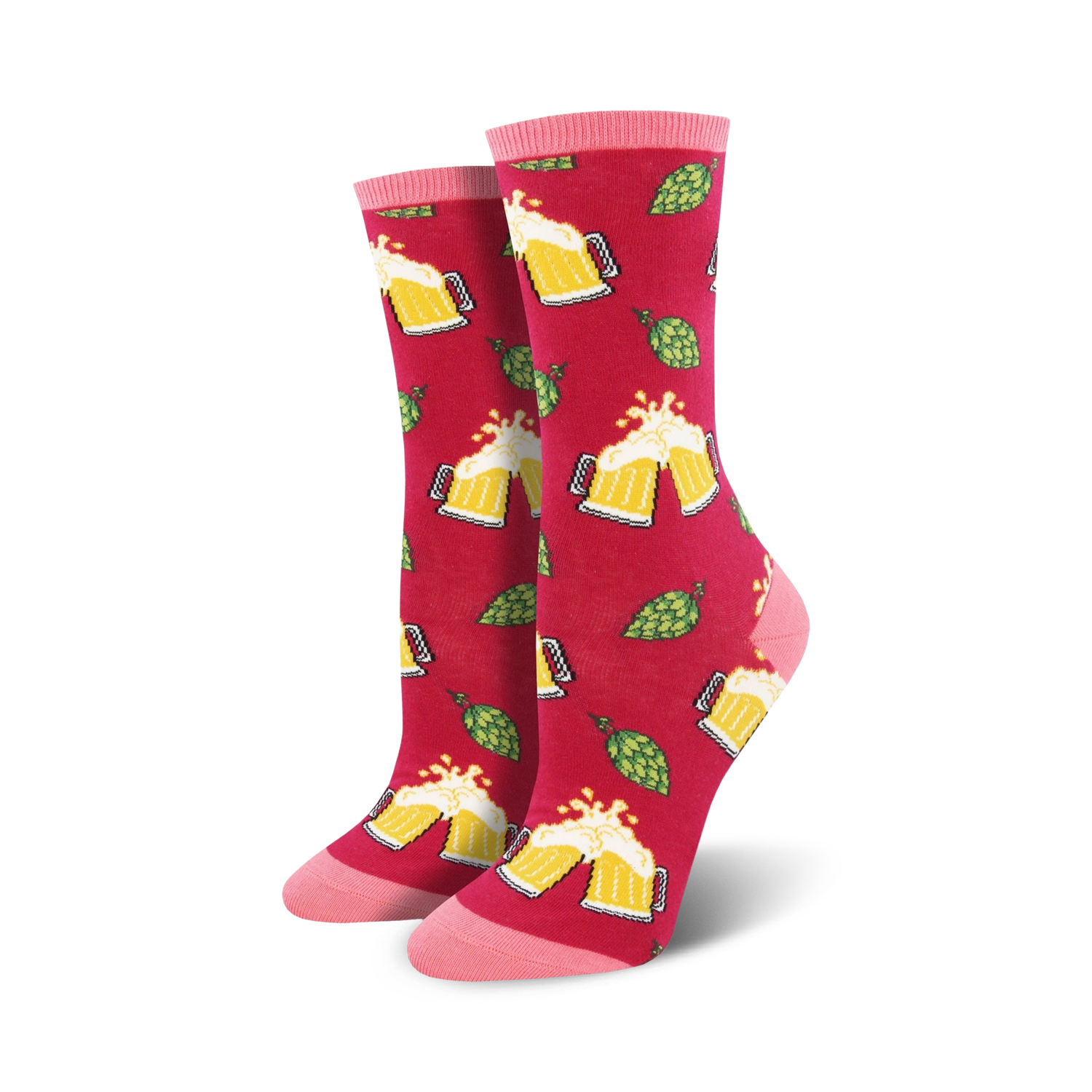 Pair of crew socks; red and pink or grey and black; features pixelated beer mugs and hops.