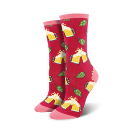 women's pink and red cotton crew socks featuring a pattern of beer mugs and green hops.   