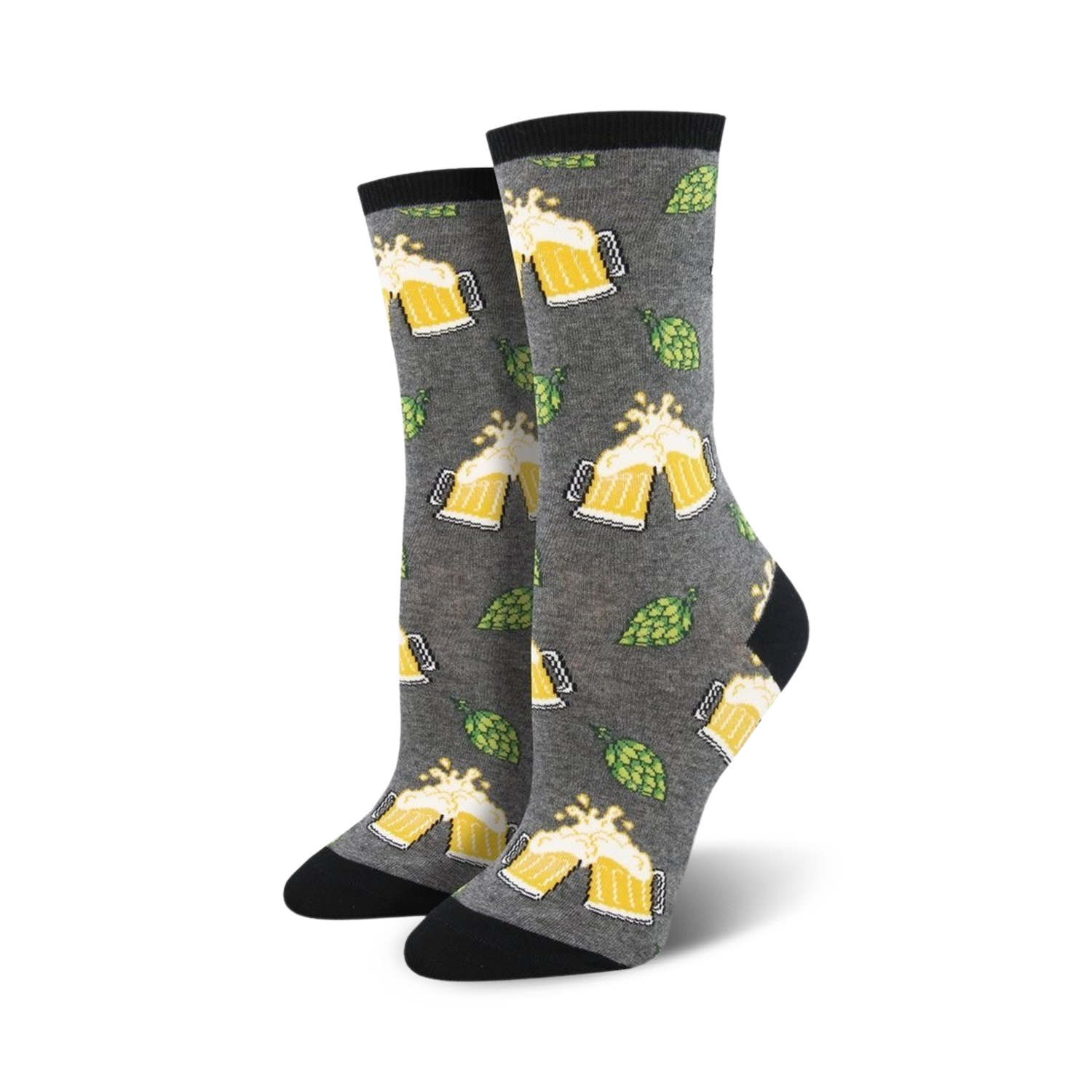 Lifestyle shot of a person's feet wearing the grey 'Hoppier Together' socks.