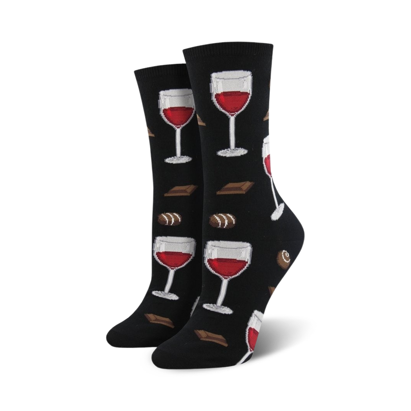 Pair of black crew socks with a pattern of red wine glasses and chocolate pieces. Fun and whimsical design.
