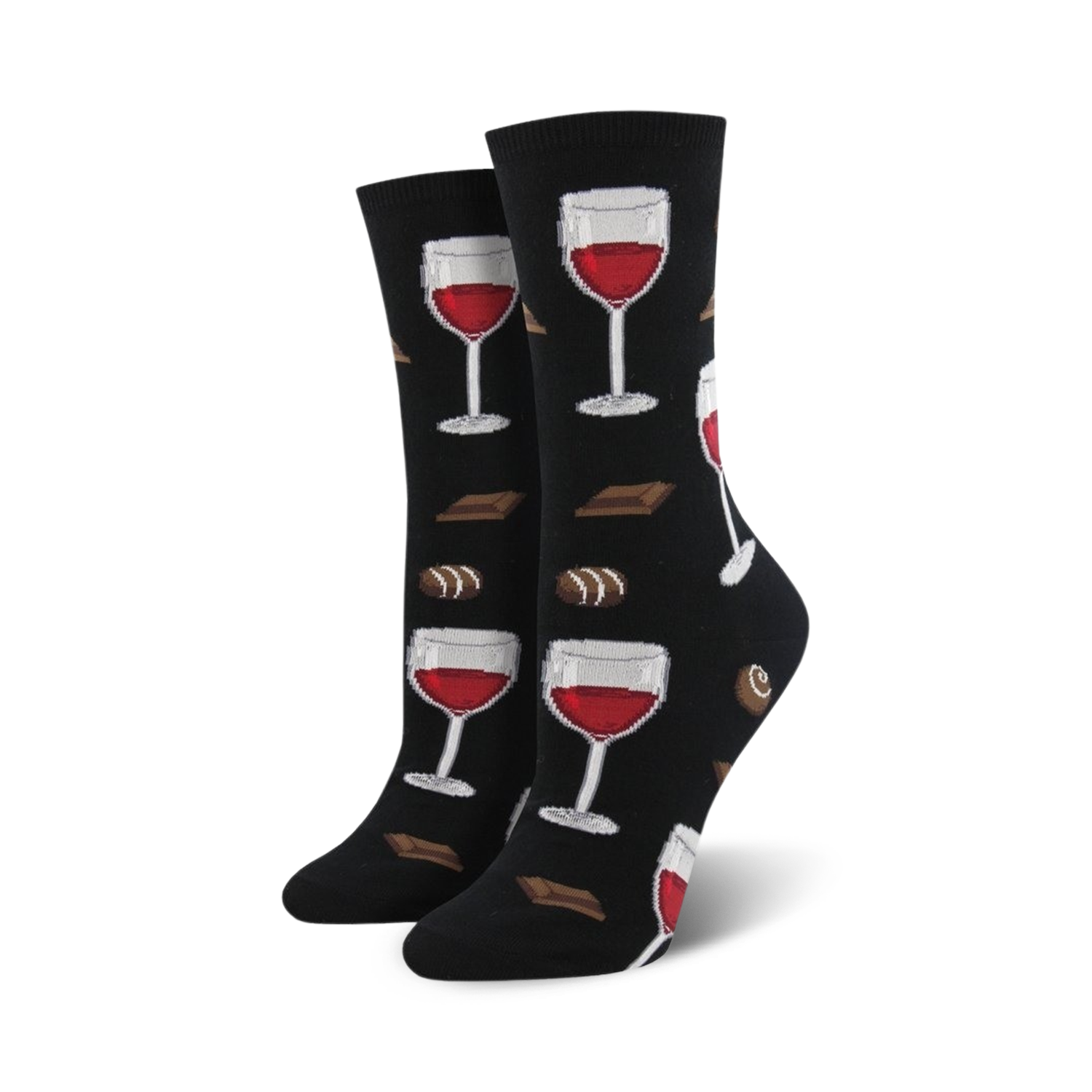Pair of black crew socks with a pattern of red wine glasses and chocolate pieces. Fun and whimsical design.