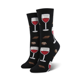 womens crew socks in black with a pattern of cartoonish wine glasses and chocolate bars.   
