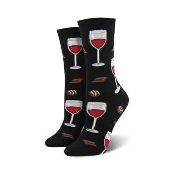 womens crew socks in black with a pattern of cartoonish wine glasses and chocolate bars.   