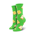 Pair of women's crew socks in bright green, featuring a repeating pattern of avocado toast with fried eggs.