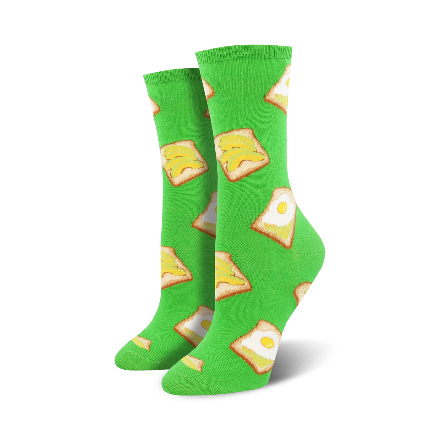 Pair of women's crew socks in bright green, featuring a repeating pattern of avocado toast with fried eggs.