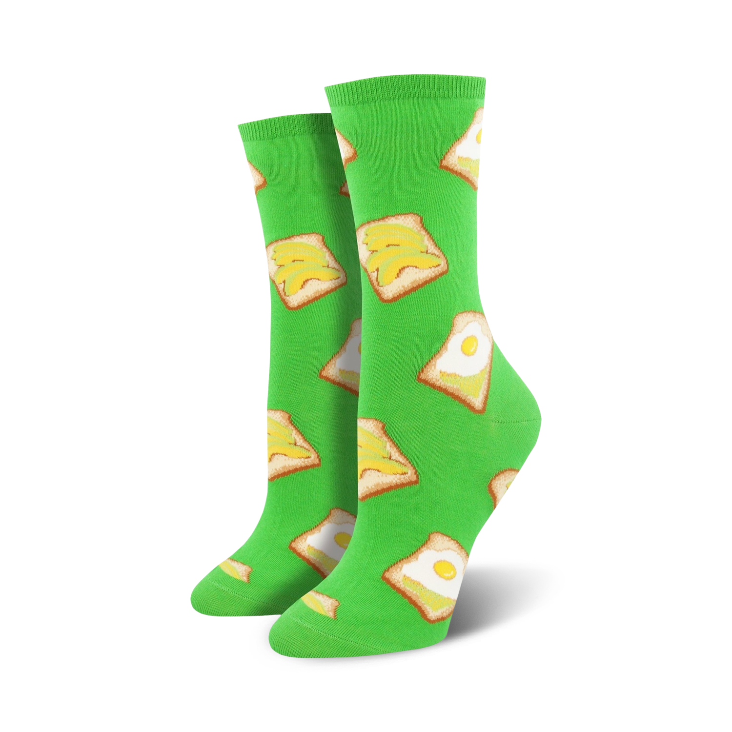 Pair of women's crew socks in bright green, featuring a repeating pattern of avocado toast with fried eggs.