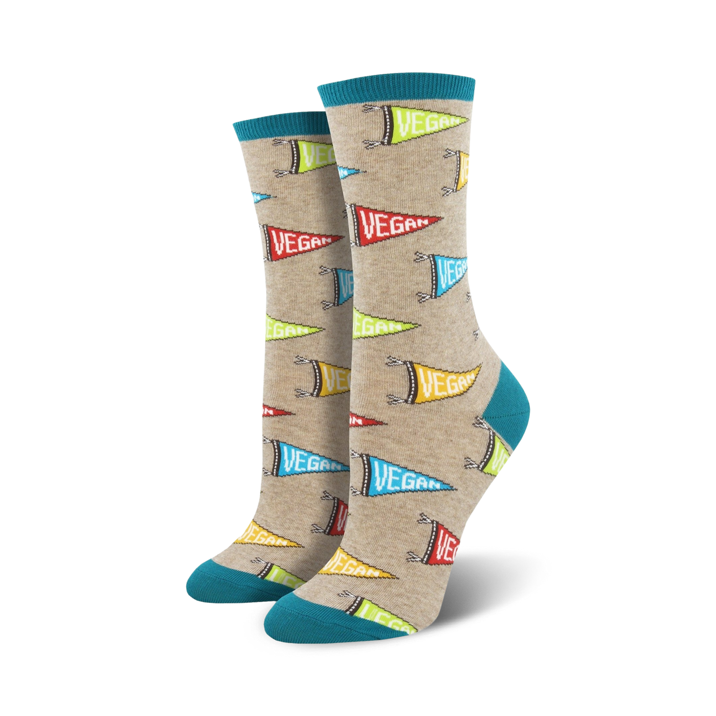 Pair of beige crew socks with colorful 'Vegan' pennants and teal cuffs.