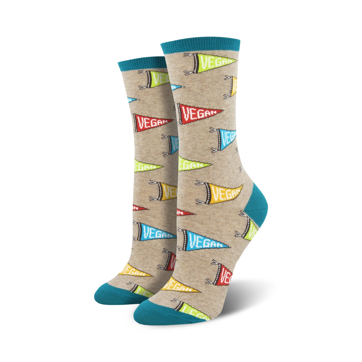 Pair of beige crew socks with colorful 'Vegan' pennants and teal cuffs.