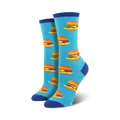 Pair of crew socks featuring a repeating pattern of pixelated burgers on a light blue background.  Blue and white accents at the top and bottom.