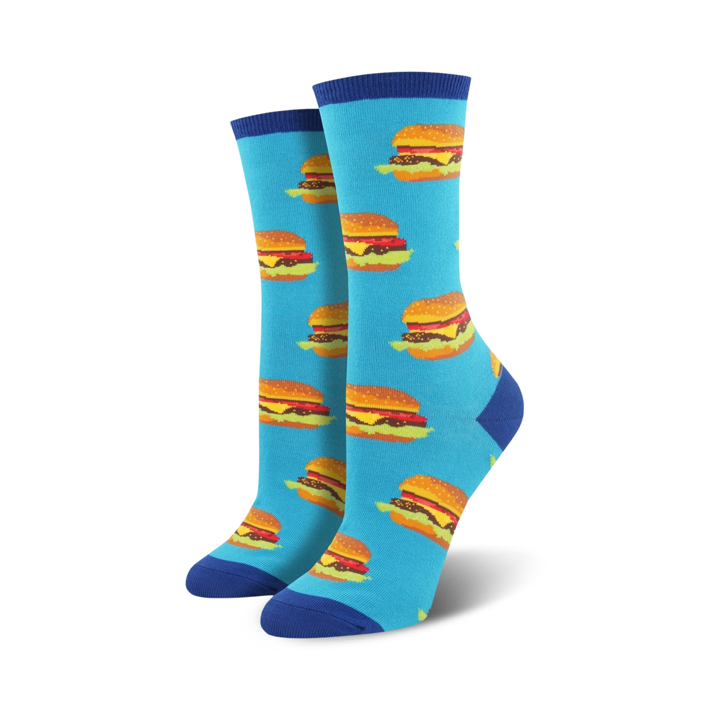 Pair of crew socks featuring a repeating pattern of pixelated burgers on a light blue background.  Blue and white accents at the top and bottom.