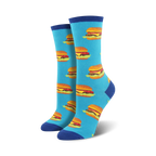 Pair of crew socks featuring a repeating pattern of pixelated burgers on a light blue background.  Blue and white accents at the top and bottom.