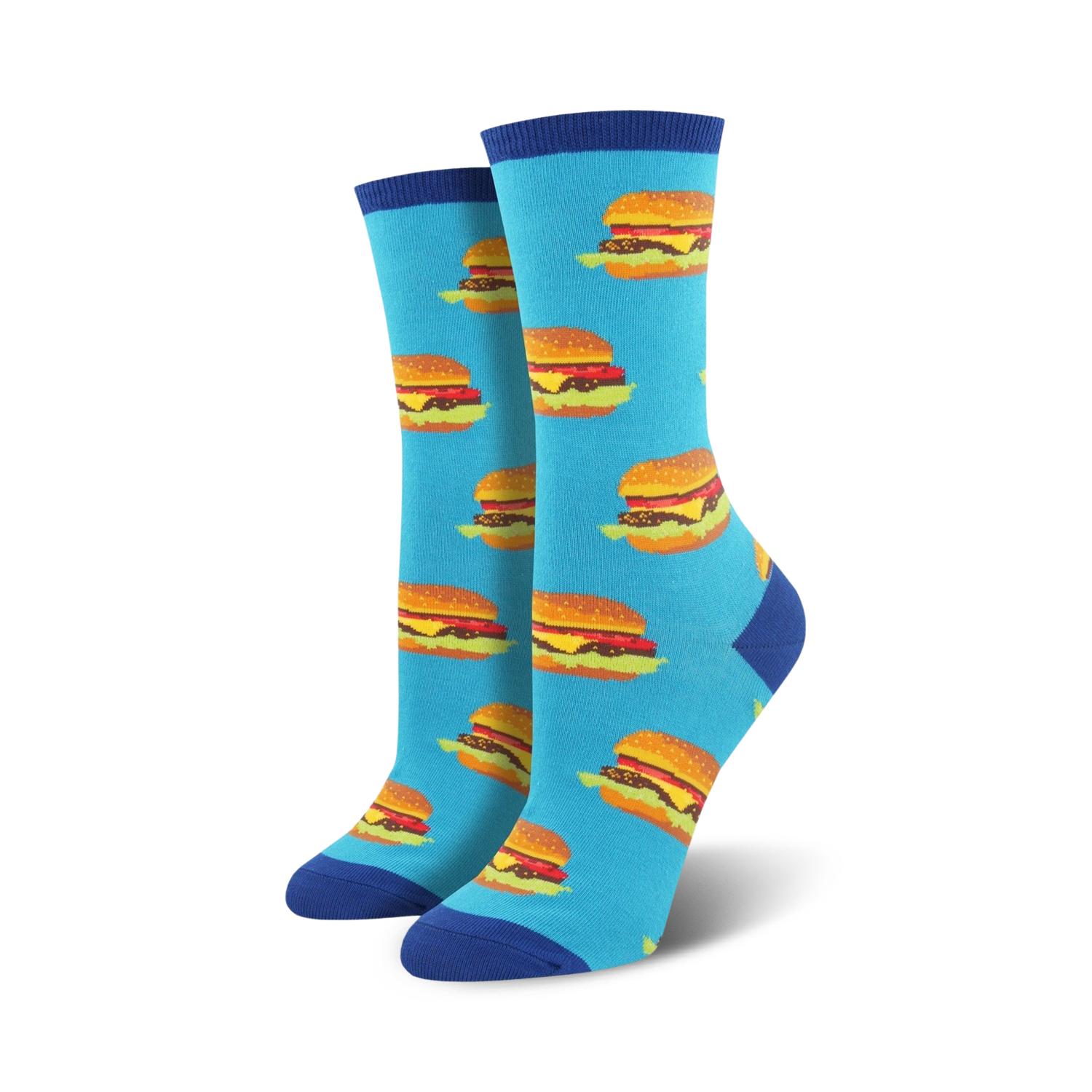 Pair of crew socks featuring a repeating pattern of pixelated burgers on a light blue background.  Blue and white accents at the top and bottom.
