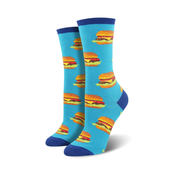blue crew socks with cheeseburger pattern - lettuce, tomato & onion. womens. food & drink theme. 