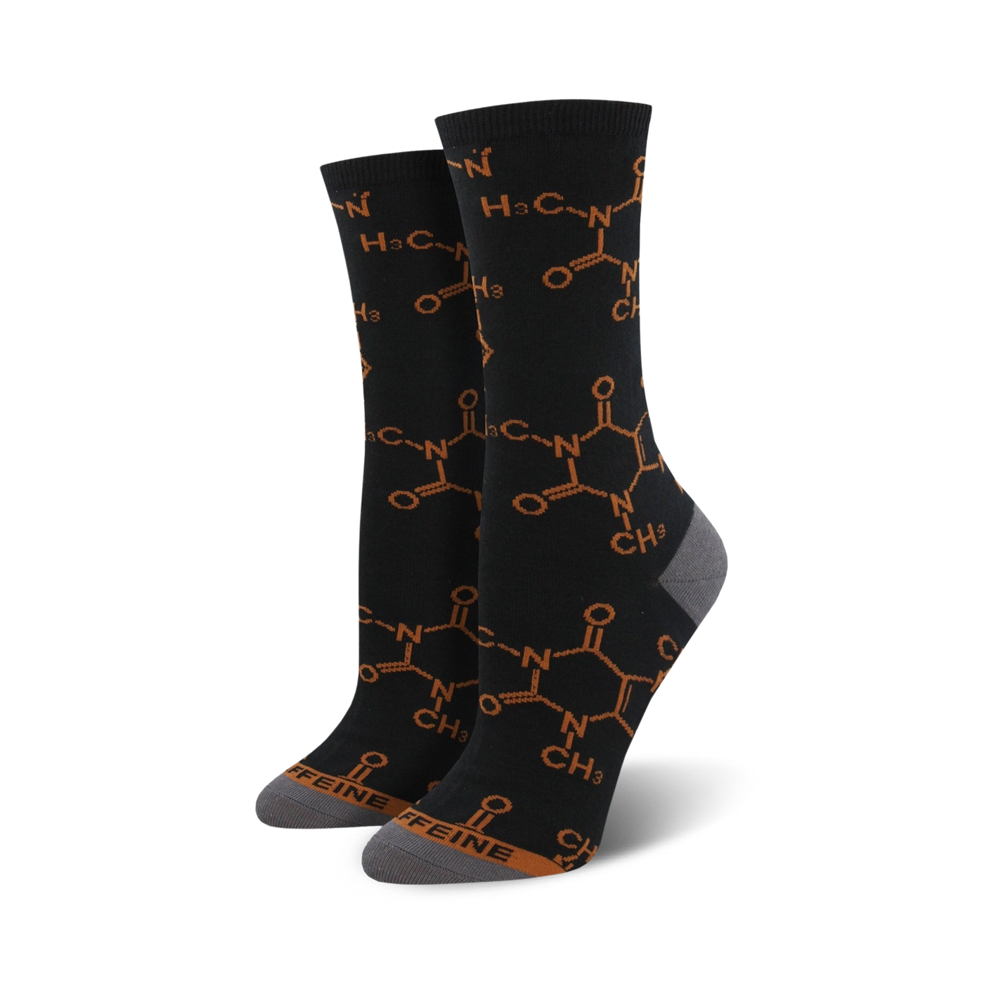 Crew socks in black with a repeating burnt orange caffeine molecule pattern.  Grey heel and toe. 