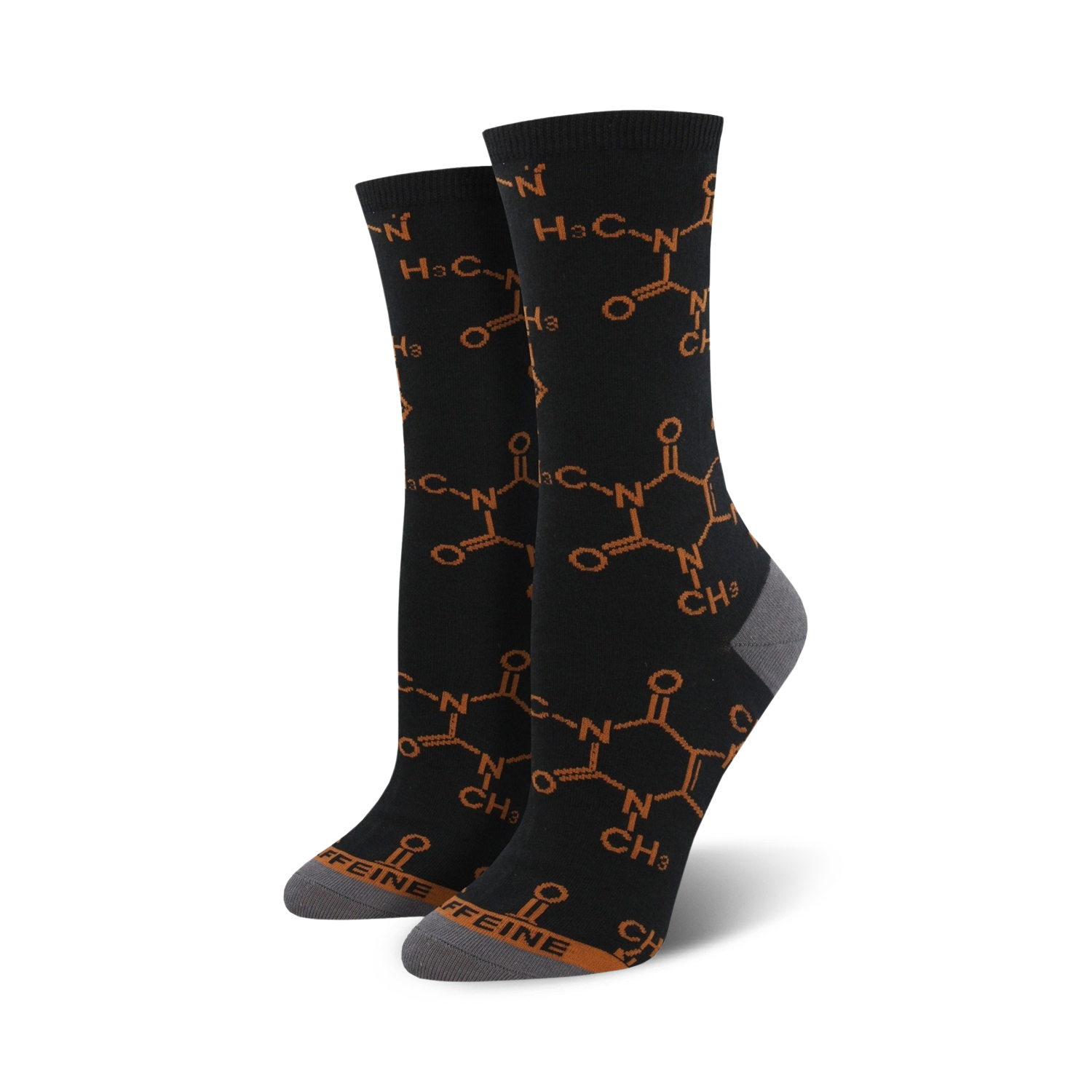 Crew socks in black with a repeating burnt orange caffeine molecule pattern.  Grey heel and toe. 