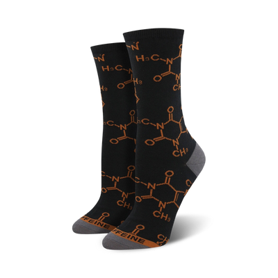 women's black crew socks with allover caffeine molecule pattern in brown, ribbed dark gray tops.  