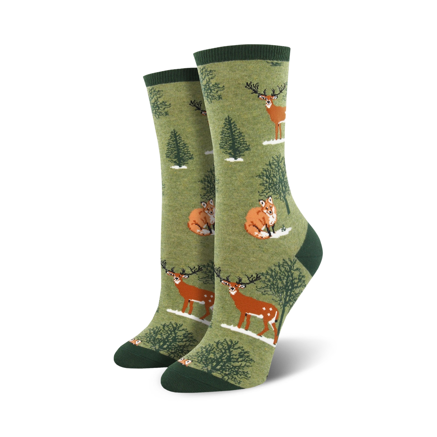 Pair of crew socks in cream and green, featuring a whimsical winter forest scene with deer and foxes.