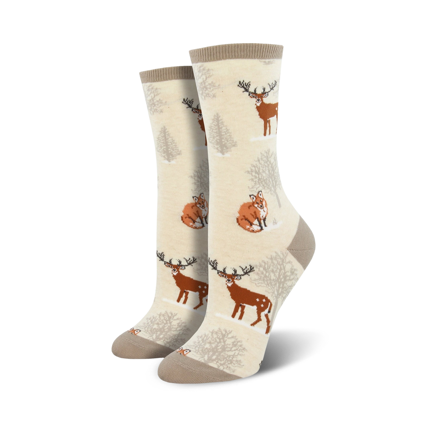 Close-up view of Winter Forest socks in cream color, showing the design detail.