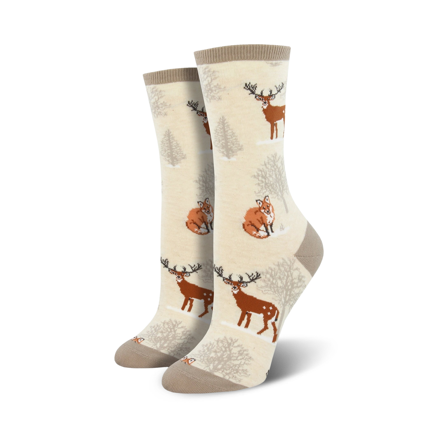 Close-up view of Winter Forest socks in cream color, showing the design detail.
