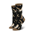 Pair of women's crew socks. Black background with brown owls in flight and feathers. Tan-colored cuff.