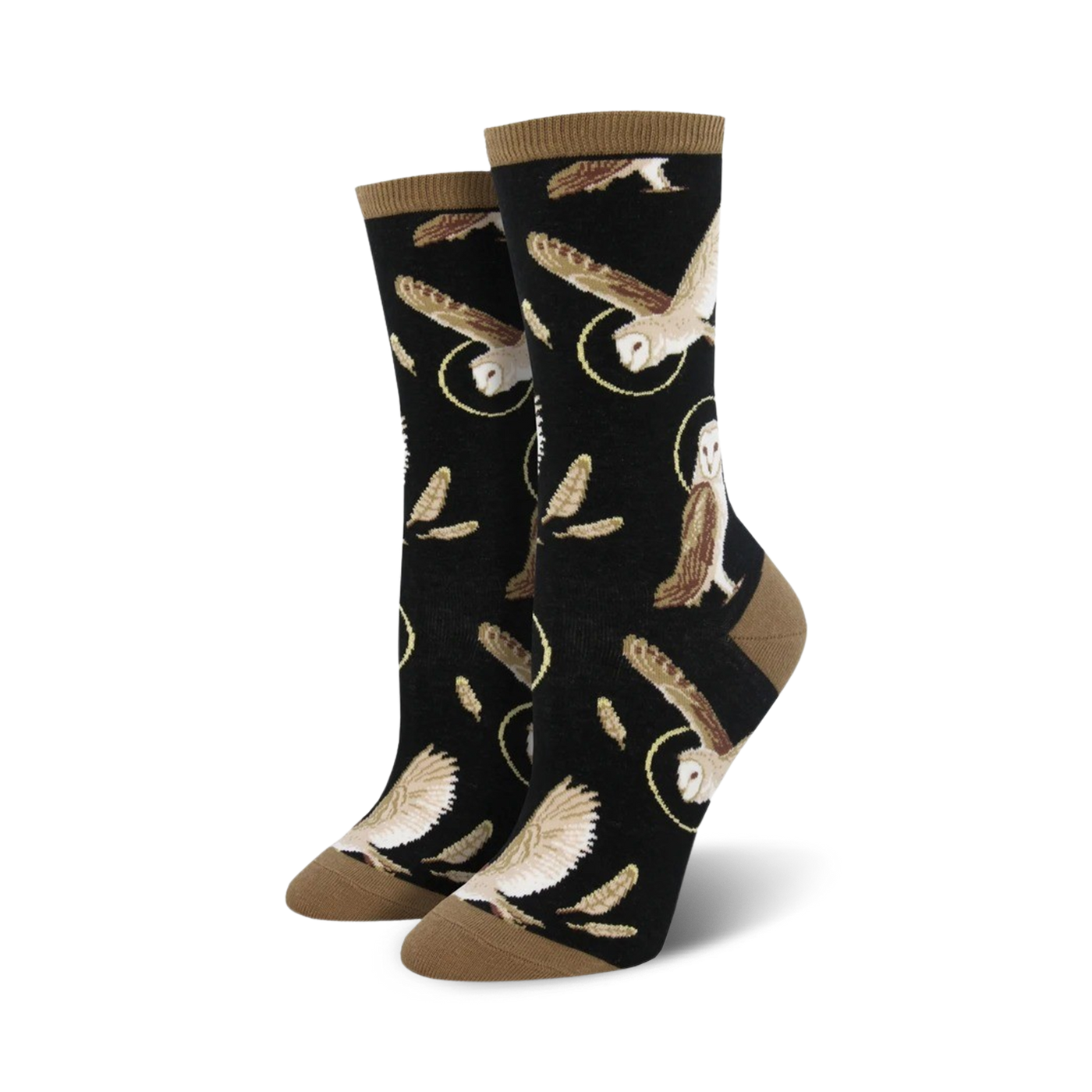 Pair of women's crew socks. Black background with brown owls in flight and feathers. Tan-colored cuff.