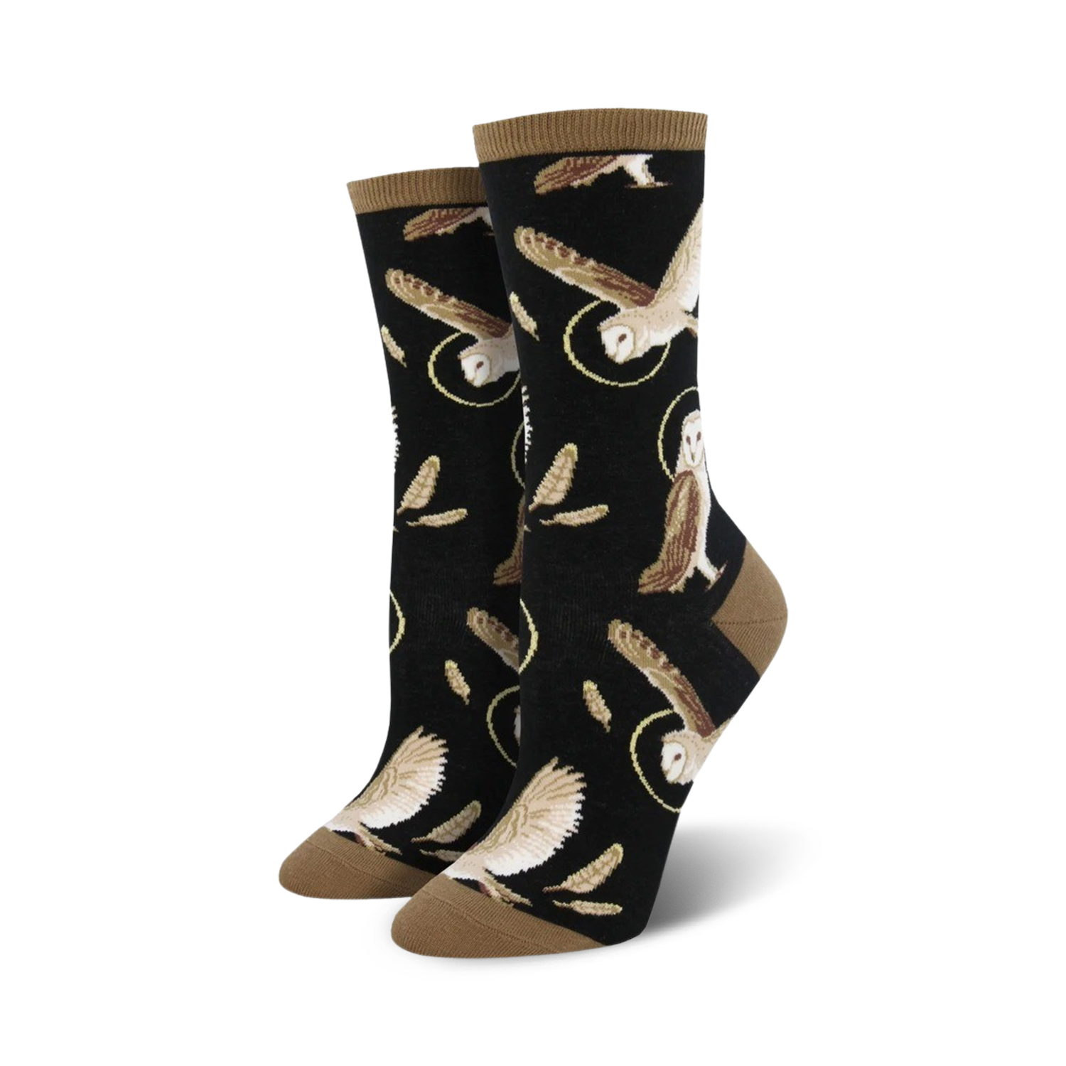 Pair of women's crew socks. Black background with brown owls in flight and feathers. Tan-colored cuff.