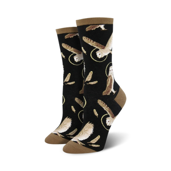 black crew socks with white and brown owls and feathers pattern for women.  