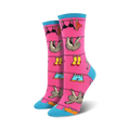 A pair of pink crew socks with sloths hanging on a clothesline with various clothing items like underwear, shorts, and boots.  Fun and colorful design.