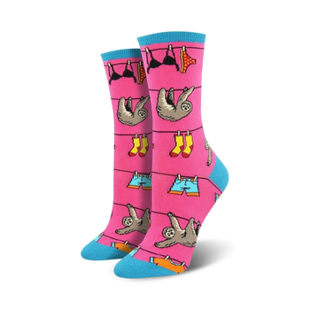 pink crew socks feature a pattern of sloths hanging on a clothesline, wearing clothes, bras, and underwear.   