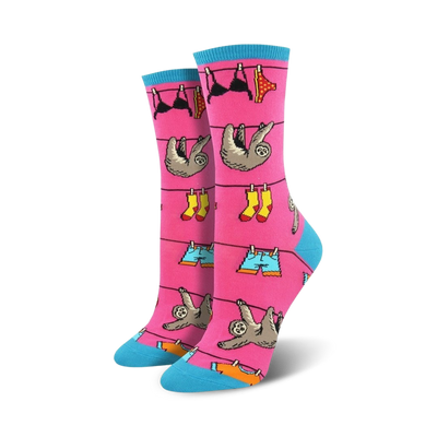 pink crew socks feature a pattern of sloths hanging on a clothesline, wearing clothes, bras, and underwear.   