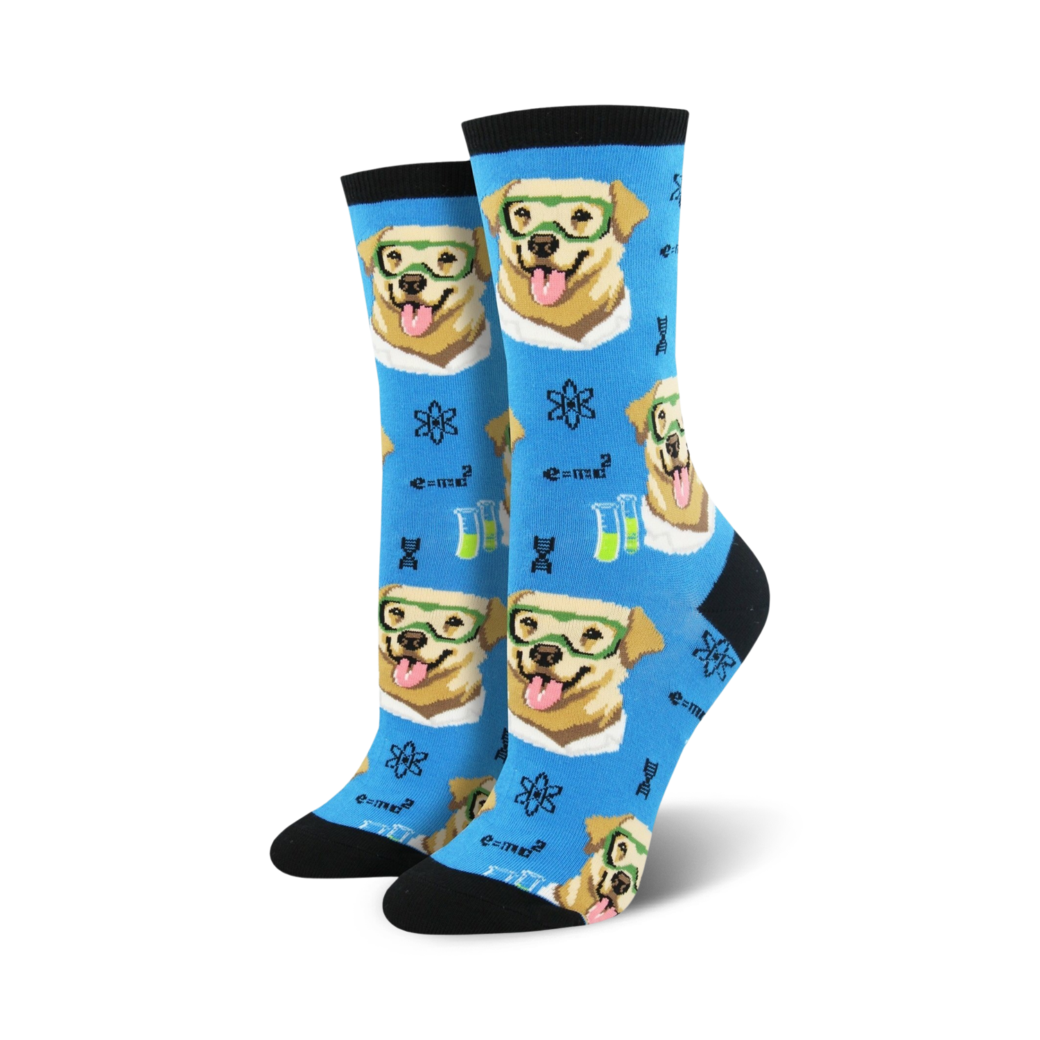 Pair of crew socks featuring a light-brown lab-coat-wearing dog pattern on a light-blue background.  Design includes beakers, atoms, and DNA strands.