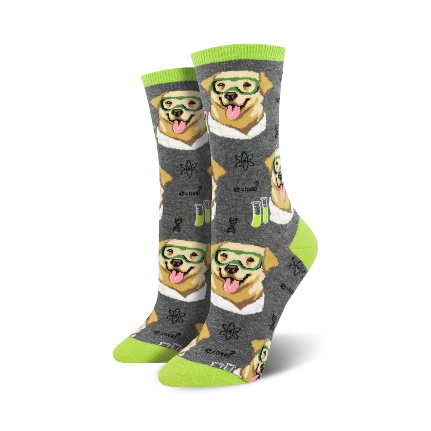Lifestyle product shot showing the gray Science Lab socks on a person's feet.