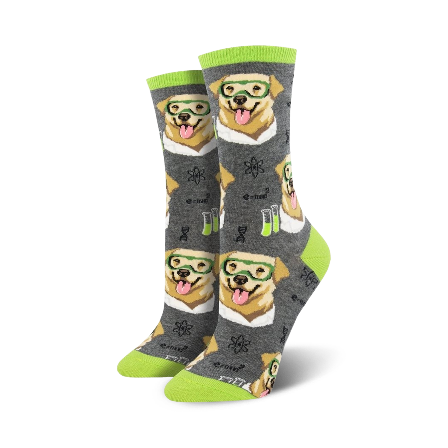 Lifestyle product shot showing the gray Science Lab socks on a person's feet.