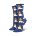 Pair of crew socks, blue and purple options, featuring a repeating pattern of adorable Shih Tzu dogs.