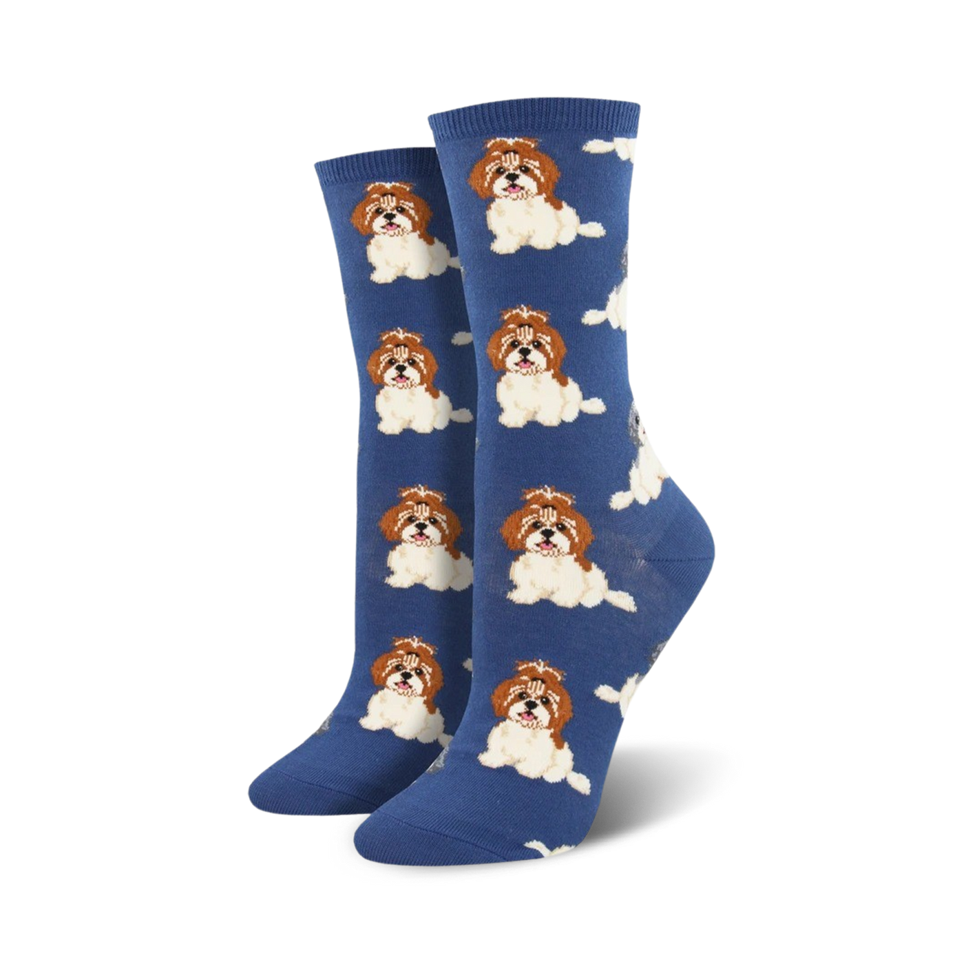 Pair of crew socks, blue and purple options, featuring a repeating pattern of adorable Shih Tzu dogs.