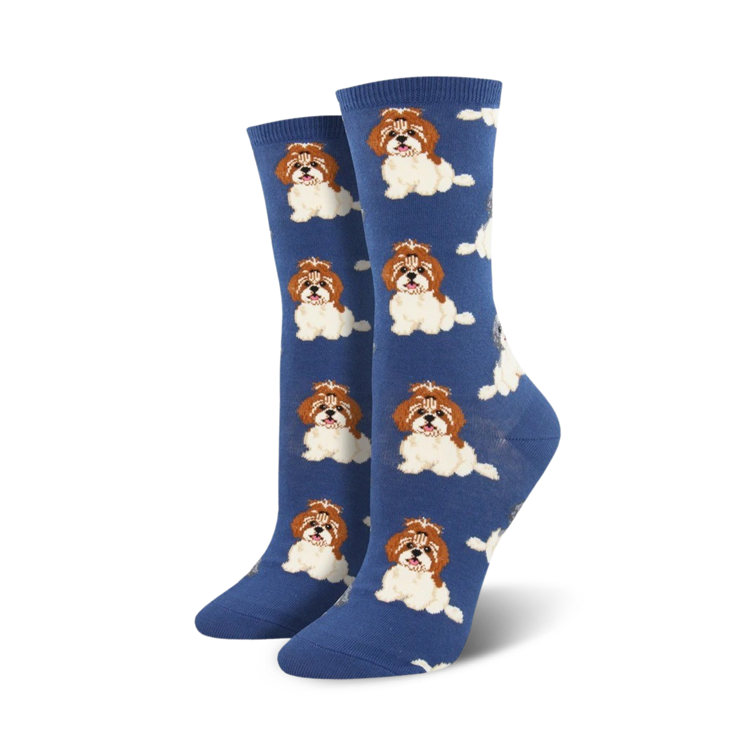 Pair of crew socks, blue and purple options, featuring a repeating pattern of adorable Shih Tzu dogs.