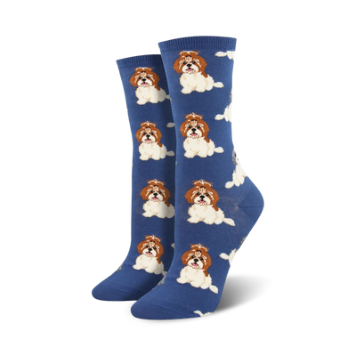 womens crew socks decorated with cartoon shih tzu dogs.  