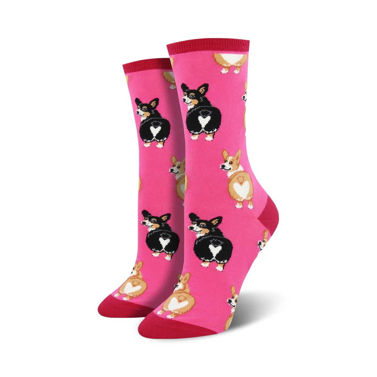 Pair of crew socks, pink, gray, or blue; featuring repeated pattern of adorable corgi butts with heart-shaped markings.