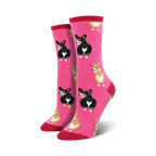 Pair of crew socks, pink, gray, or blue; featuring repeated pattern of adorable corgi butts with heart-shaped markings.