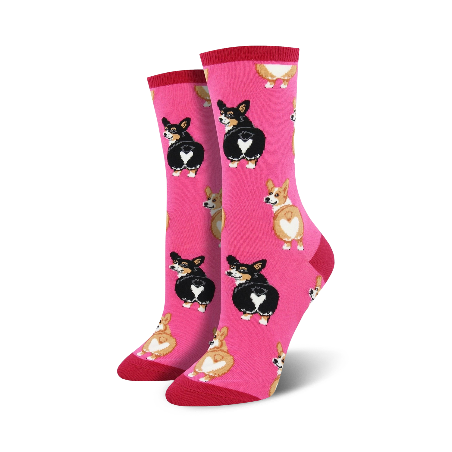 Pair of crew socks, pink, gray, or blue; featuring repeated pattern of adorable corgi butts with heart-shaped markings.
