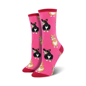 women's crew socks featuring a pattern of corgi butts in black and white  