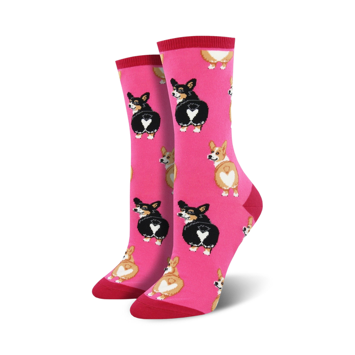 women's crew socks featuring a pattern of corgi butts in black and white  