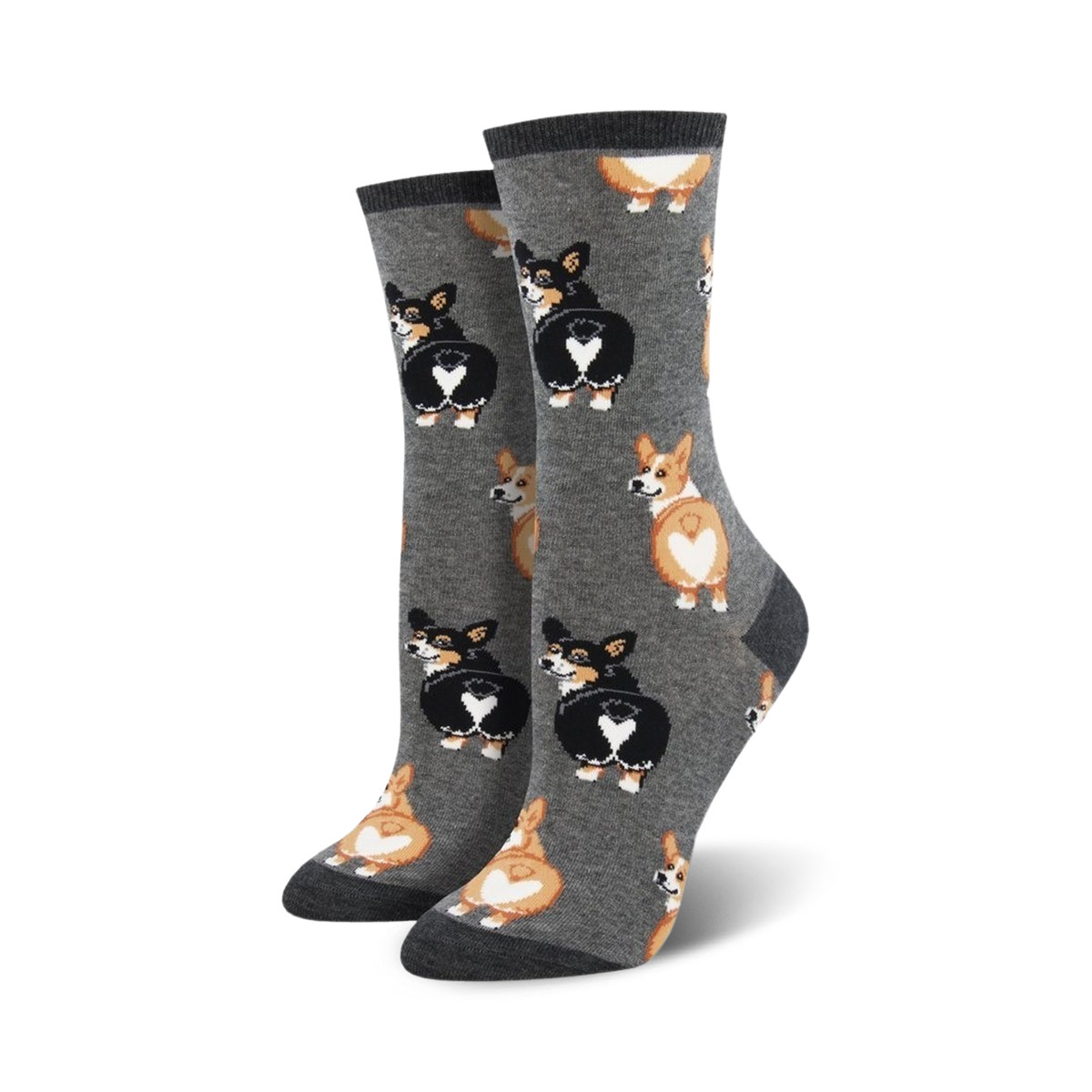 Lifestyle shot:  A person's feet showing off the gray Corgi Butt socks. 